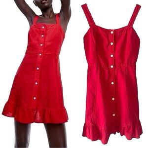 Zara Red Button Up Cotton Linen Ruffle Sleeveless Mini Dress Size XS